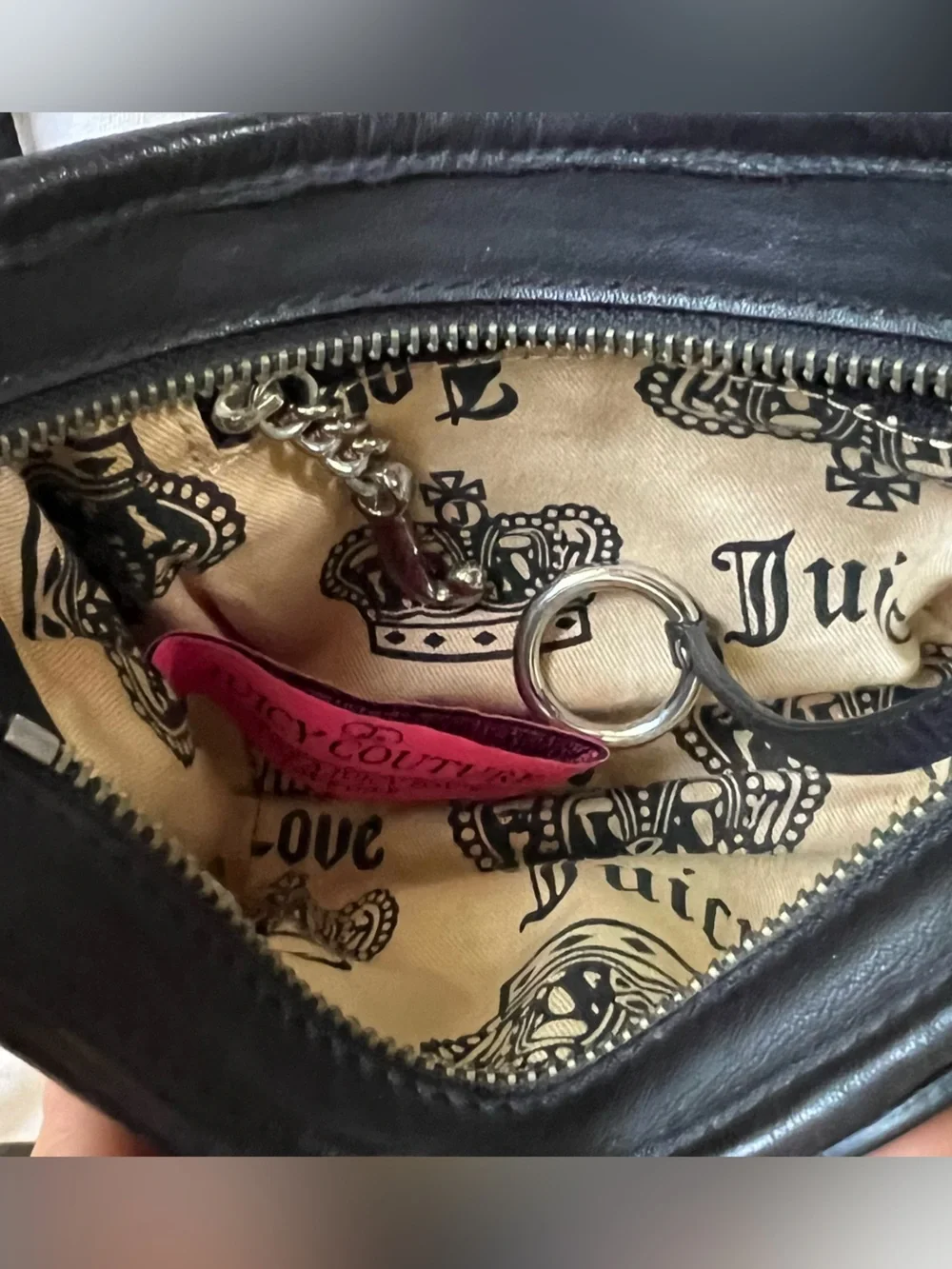 Vintage Juicy Couture Crossbody Brown Purse Black Leather Heart Velour 90s Y2K
